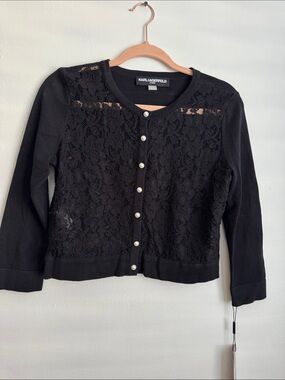 Karl Lagerfeld Black Lace Cardigan with Pearl Buttons